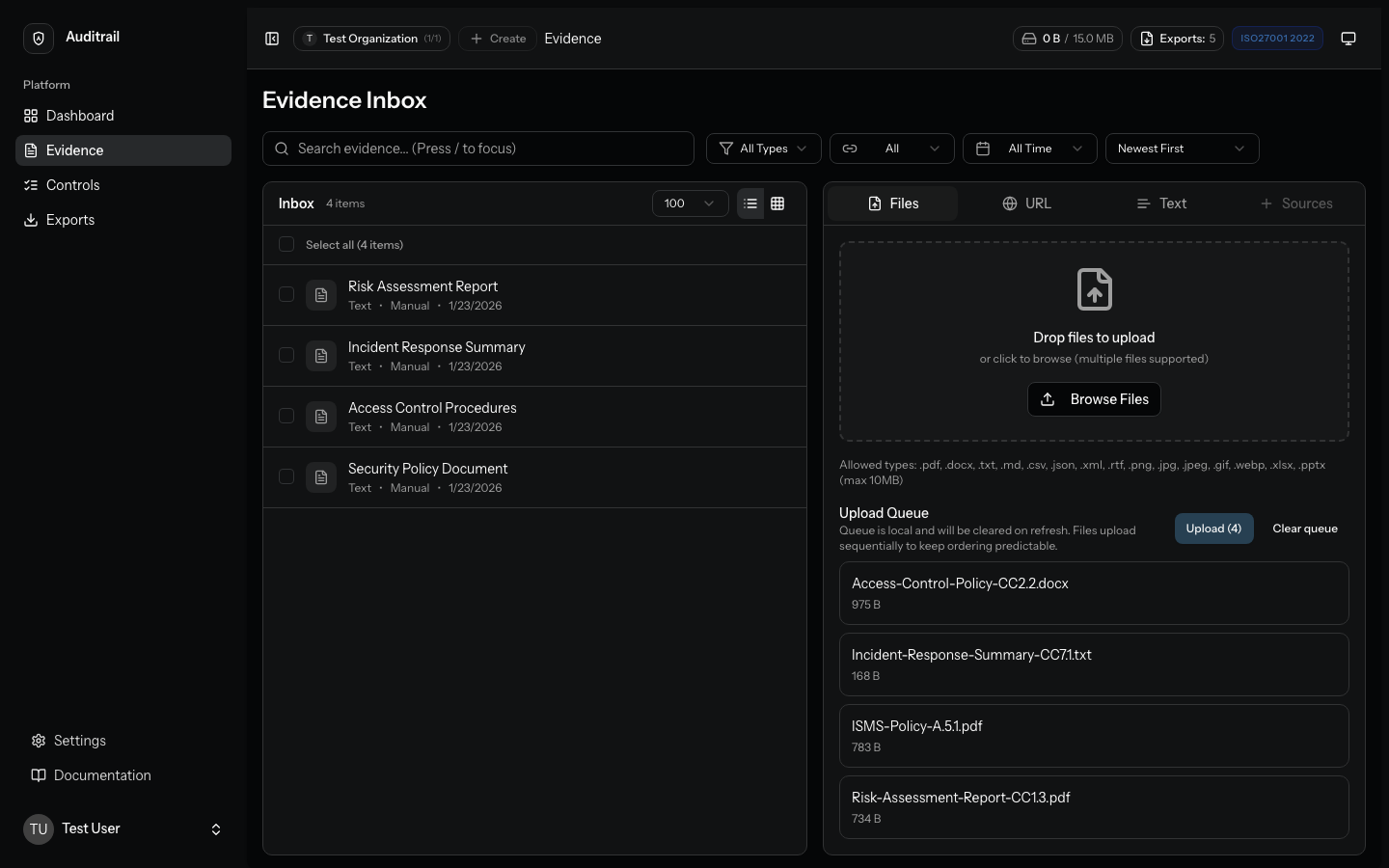 Evidence list showing all collected audit evidence
