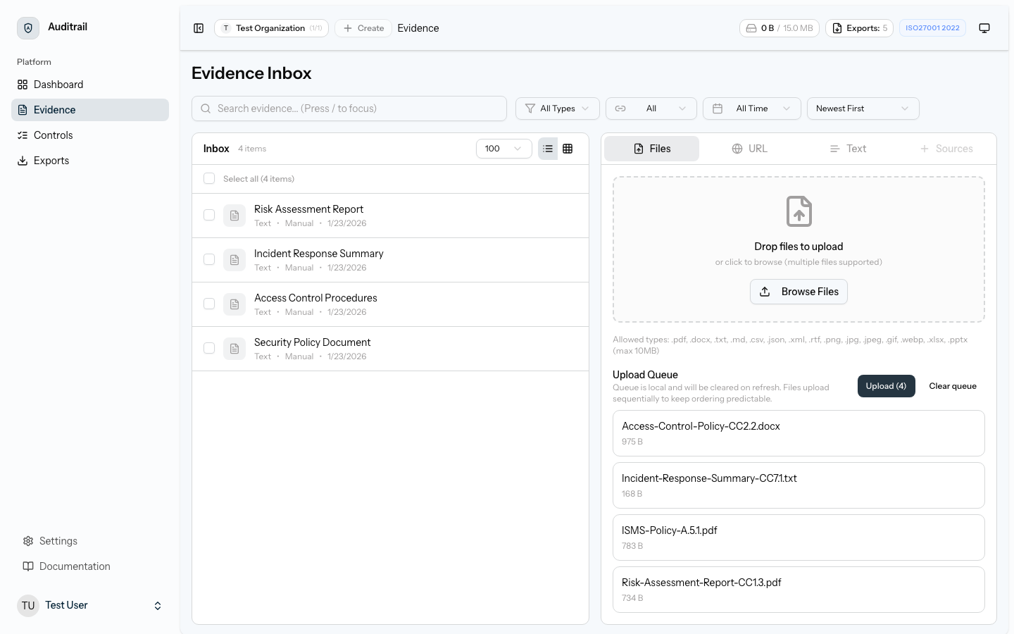 Evidence list showing all collected audit evidence